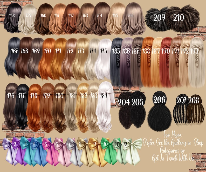 May include: A collection of illustrated hairstyles in various colors, including black, brown, blonde, and red, with numbers identifying each style. Also shown are colorful bows in shades of purple, blue, pink, and green. Text at the bottom reads "For More Styles See the Gallery in Shop Categories or Get In Touch With Us."