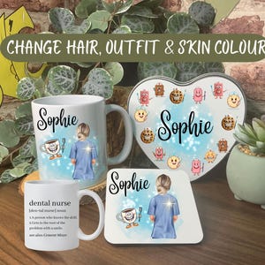 May include: A set of dental nurse themed gifts, including a mug, coaster, and heart-shaped tin, all featuring the name "Sophie" and a cartoon illustration. The mug also has the definition of "dental nurse." The text "CHANGE HAIR, OUTFIT & SKIN COLOUR" is also visible.