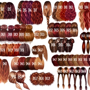 May include: A collection of 65 different hair styles, each with a unique color and texture. The hair styles are arranged in rows and labeled with numbers. The hair styles are all in a similar style, with long, flowing hair.