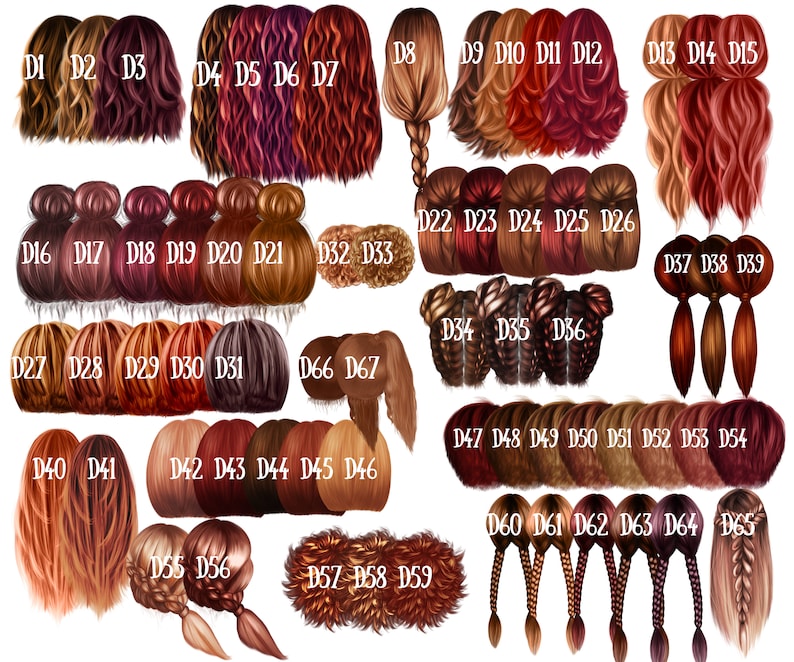 May include: A collection of 65 different hair styles, each with a unique color and texture. The hair styles are arranged in rows and labeled with numbers. The hair styles are all in a similar style, with long, flowing hair.