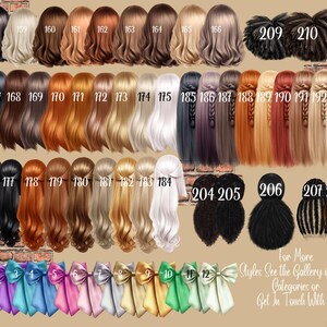 May include: A collection of illustrated hair styles and bows in various colors. The image displays a variety of hairstyles, including long wavy hair, braids, and buns, each labeled with a number. A selection of colorful bows is also shown.