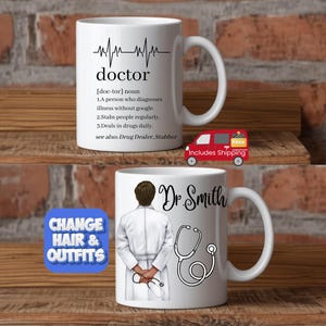 May include: Two white ceramic mugs with humorous doctor-themed designs. One mug features a definition of "doctor" with a heartbeat graphic. The other mug displays "Dr. Smith" with a stethoscope and a doctor illustration.
