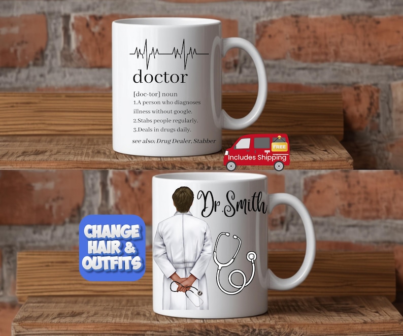 May include: Two white ceramic mugs with humorous doctor-themed designs. One mug features a definition of "doctor" with a heartbeat graphic. The other mug displays "Dr. Smith" with a stethoscope and a doctor illustration.