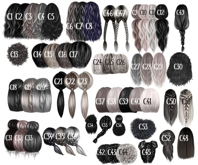 May include: A digital illustration of 50 different hairstyles, each labeled with a number. The hairstyles are a mix of black, brown, blonde, and gray hair, with some featuring braids, buns, and ponytails.