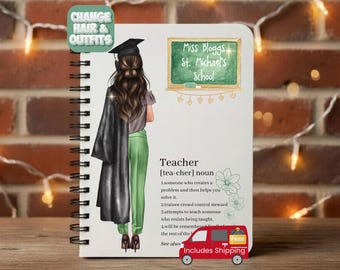 May include: Spiral-bound notebook with a teacher illustration. The illustration features a woman in a graduation cap and gown, with text that reads "Miss Bloggs St. Michael's school" and "Teacher". A small red van with the words "Includes Shipping" is also present.