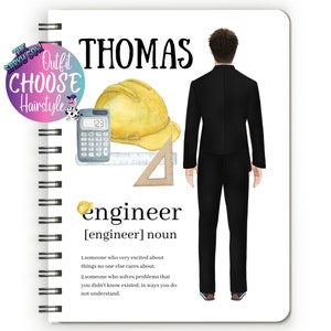 May include: A white notebook with a black spiral binding. The cover features a cartoon illustration of a person wearing a black suit and a yellow hard hat. The text "THOMAS engineer [engineer] noun" is printed on the cover. The definition of the word "engineer" is printed below the title.