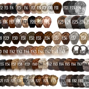 May include: A chart of 84 different hair colors, numbered H1 through H84. The hair colors range from black to blonde to gray. The hair colors are arranged in rows of 10, 12, 14, and 14.