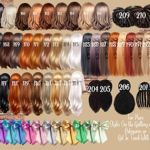 May include: An illustration showcasing a variety of hairstyles in shades of blonde, brown, black, and red. The image includes colourful bows and text that says "For More Styles See the Gallery in Shop Categories or Get In Touch With Us."