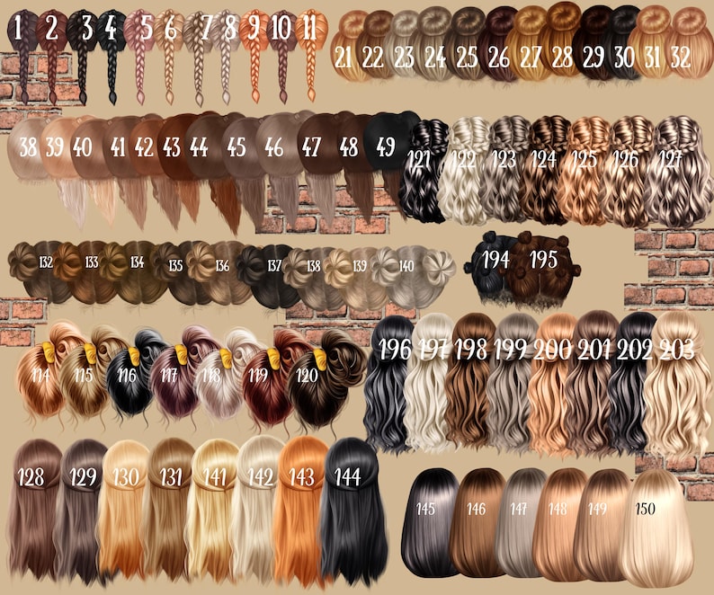 May include: A selection of 203 different hairstyles and hair colours, including plaits, buns, and loose styles. The colour palette ranges from blonde and brown to black and red. Each style is numbered for easy reference.