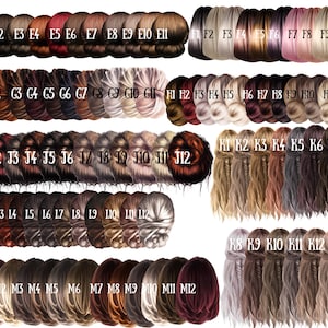 May include: A selection of hair colour swatches, each labelled with a letter and number combination. The swatches display a variety of shades, including blonde, brown, red, and black, suitable for hair colour selection.