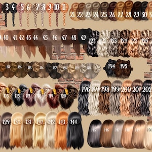 May include: A collection of illustrated hair styles in various colors and lengths, including braids, ponytails, and flowing locks. The image features a wide range of hair colors, from blonde to black, with numbers identifying each style.