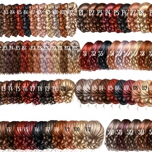 May include: A chart of 40 different hair styles, each with a unique color and style. The hair styles are arranged in rows and columns, with each style labeled with a letter and number.