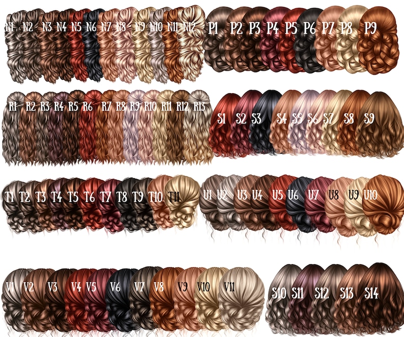 May include: A chart of 40 different hair styles, each with a unique color and style. The hair styles are arranged in rows and columns, with each style labeled with a letter and number.