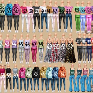 May include: A collection of fashion illustrations featuring various outfits. The image showcases a range of clothing styles, including hoodies, off-the-shoulder tops, jeans, leggings, and dresses. Each outfit is numbered, offering a diverse selection of colors and designs.