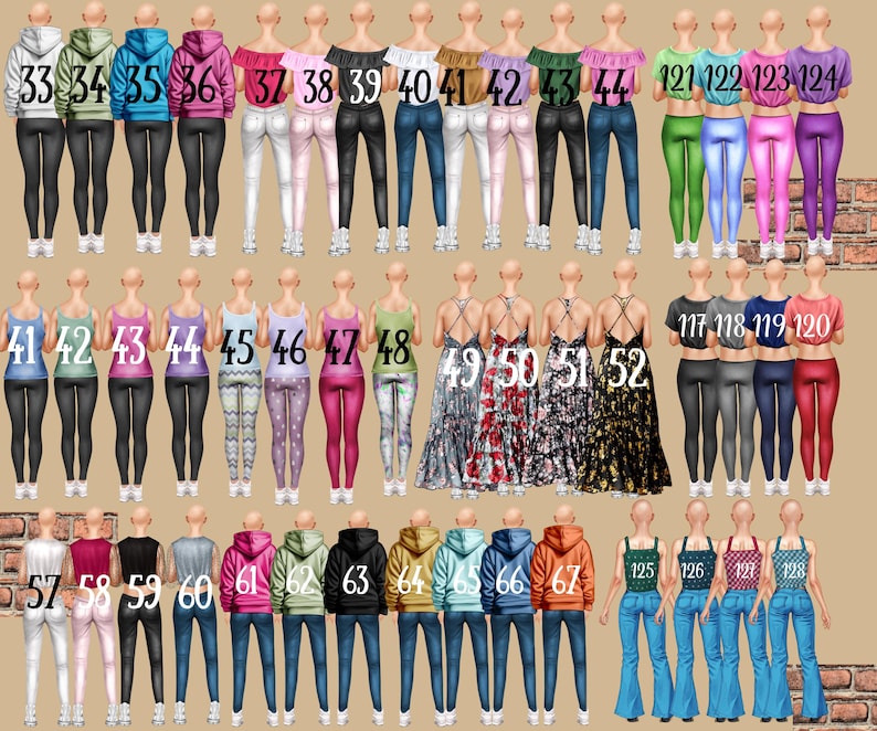 May include: A collection of fashion illustrations featuring various outfits. The image showcases a range of clothing styles, including hoodies, off-the-shoulder tops, jeans, leggings, and dresses. Each outfit is numbered, offering a diverse selection of colors and designs.
