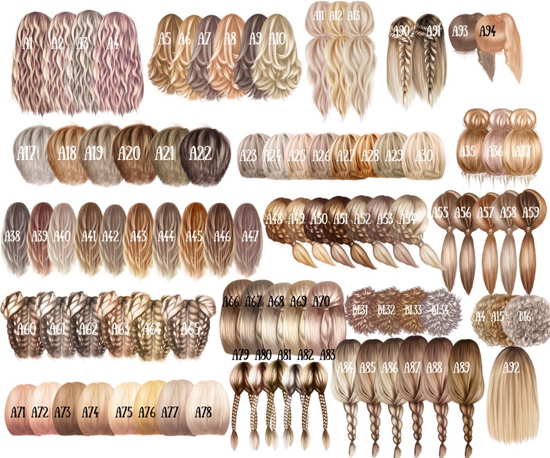 May include: A chart of 92 different hair styles, all in shades of blonde, brown, and beige. The hair styles include braids, buns, ponytails, and loose waves.