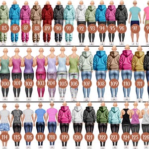May include: A set of 127 digital illustrations of people wearing different outfits. The illustrations are in a cartoon style and feature a variety of colors and patterns.