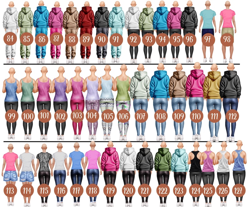 May include: A set of 127 digital illustrations of people wearing different outfits. The illustrations are in a cartoon style and feature a variety of colors and patterns.