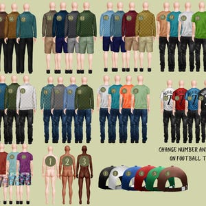 May include: Digital illustrations of male figures in diverse clothing, such as long-sleeved shirts, shorts, jeans, and football tops. Baseball caps are also shown. The image includes the text "CHANGE NUMBER AND NAME ON FOOTBALL TOP."