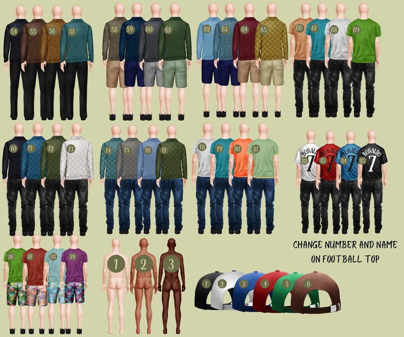 May include: Digital illustrations of male figures in diverse clothing, such as long-sleeved shirts, shorts, jeans, and football tops. Baseball caps are also shown. The image includes the text "CHANGE NUMBER AND NAME ON FOOTBALL TOP."