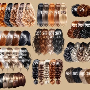 May include: A collection of digitally illustrated hairstyles in various colors and styles. The image features a variety of hair colors, including blonde, brown, black, and red, with different textures like waves, braids, and updos. Each hairstyle is numbered.