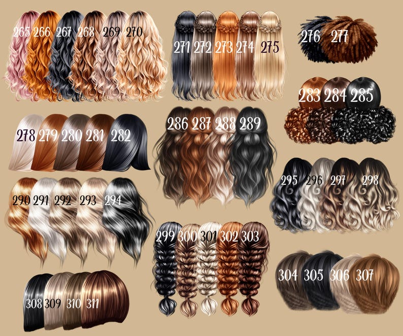 May include: A collection of digitally illustrated hairstyles in various colors and styles. The image features a variety of hair colors, including blonde, brown, black, and red, with different textures like waves, braids, and updos. Each hairstyle is numbered.