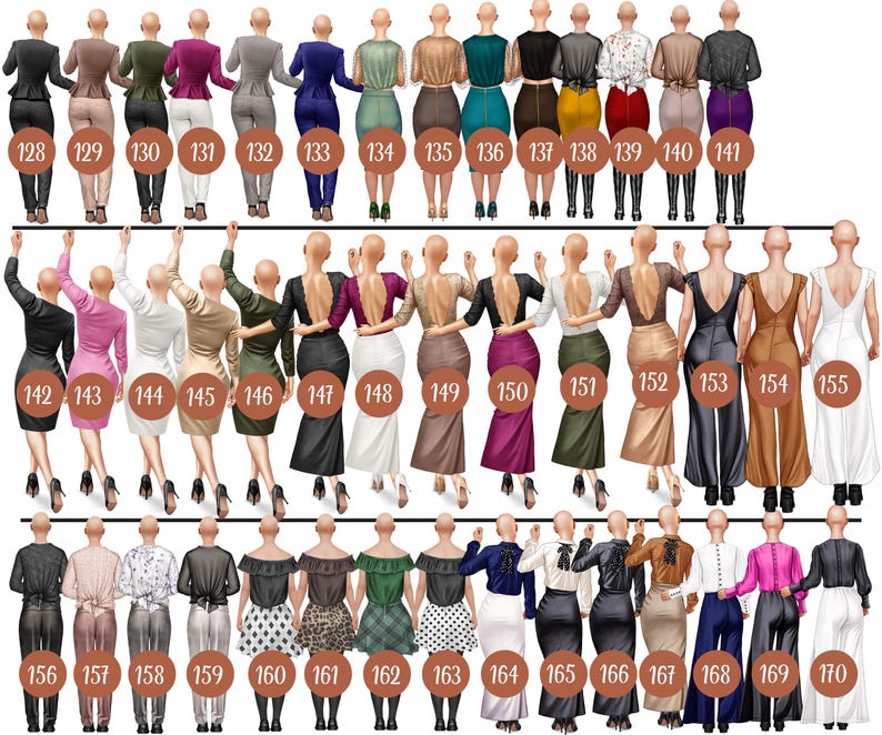 May include: A collection of 170 different outfit combinations for women. Each outfit features a different top, bottom, and accessories. The outfits are all in a variety of colors and styles.