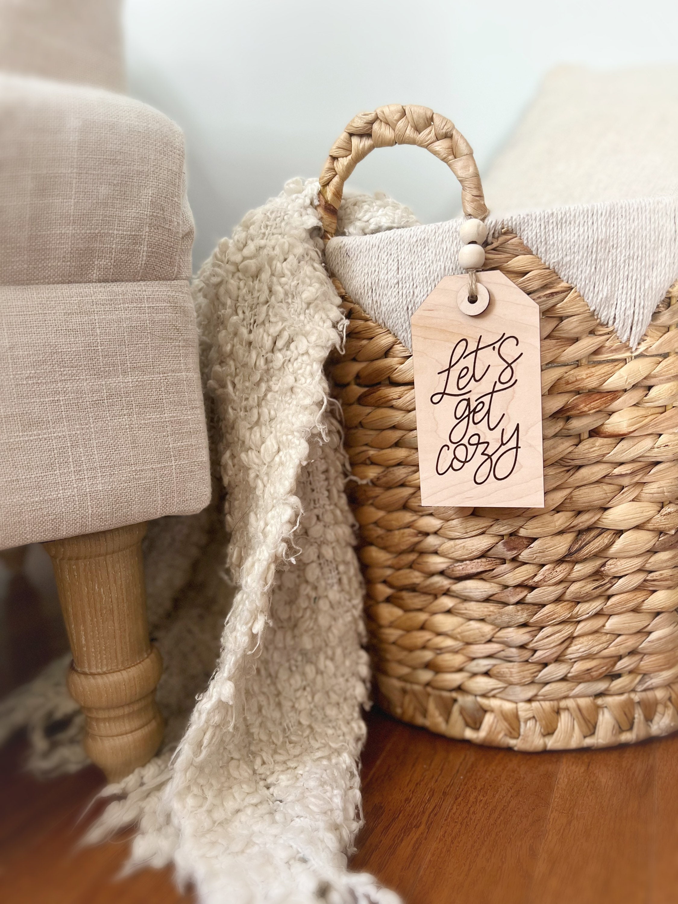 Let's Get Cozy Basket Tag, Blanket Tag, Basket Tag, Engraved Tag, Boho, Home Decor, Farmhouse Tag