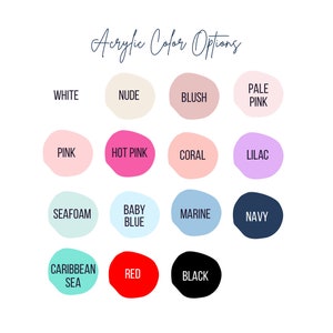 Puede incluir: Carta de colores de pintura acr&iacute;lica con 14 muestras de colores. Los colores incluyen blanco, nude, blush, rosa p&aacute;lido, rosa, rosa intenso, coral, lila, verde agua, azul beb&eacute;, azul marino, azul oscuro, mar Caribe, rojo y negro.