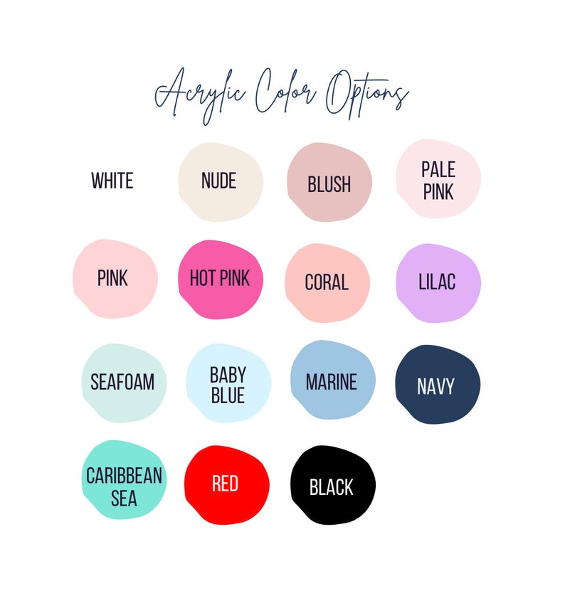 Puede incluir: Carta de colores de pintura acr&iacute;lica con 14 muestras de colores. Los colores incluyen blanco, nude, blush, rosa p&aacute;lido, rosa, rosa intenso, coral, lila, verde agua, azul beb&eacute;, azul marino, azul oscuro, mar Caribe, rojo y negro.