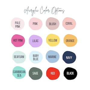 Puede incluir: Una tabla de 16 opciones de colores de pintura acr&iacute;lica. Los colores est&aacute;n dispuestos en cuatro filas de cuatro. Los colores son: rosa p&aacute;lido, rosa, rubor, coral, rosa intenso, lila, amarillo, naranja, espuma de mar, azul beb&eacute;, marino, azul marino, mar Caribe, salvia, rojo y negro.