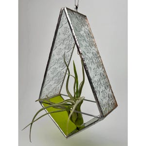 May include: A clear glass geometric terrarium with a silver frame and a green glass bottom. The terrarium is hanging from a silver chain and contains a small air plant.