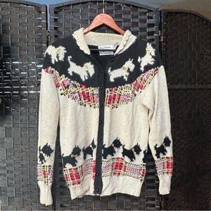 Vintage hand knit granny sweater Scottie dog bow details button up fits medium