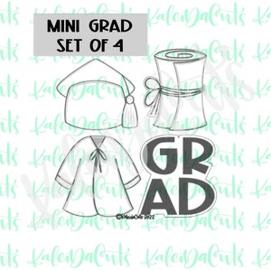 May include: A set of four mini cookie cutters for graduation. The cutters are in the shape of a graduation cap, a diploma, a graduation gown, and the word "GRAD".