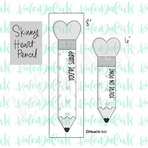 May include: A black and white cookie cutter in the shape of a pencil with a heart-shaped eraser. The pencil is 8 inches tall and 6 inches wide. The text "You're Sharp" is written on the pencil.