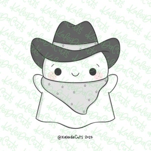 May include: A cartoon ghost wearing a black cowboy hat and a bandana with white stars. The ghost has a friendly expression with big eyes and a small smile.