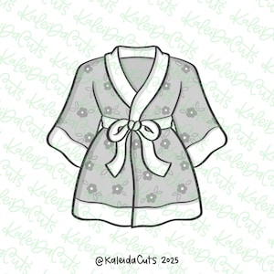 May include: A gray and white patterned robe with a white sash. The robe has a collar and long sleeves.