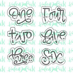 May include: Six cookie cutters in a set, each with a different number from one to six. The numbers are written in a cursive font and outlined in a dark gray color. The cutters are designed for baking.