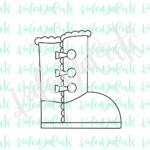 May include: A black and white line drawing of a Christmas boot with a fluffy top and a buckle. The boot is decorated with three round buttons.