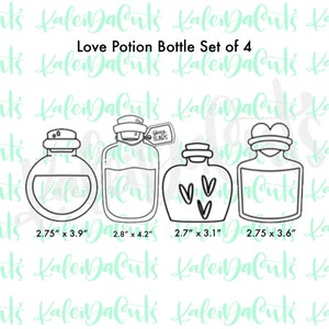 May include: A set of four black and white outline cookie cutters shaped like potion bottles. The bottles are different sizes and shapes, with one bottle featuring a heart, another with hearts, and another with a tag that says "Boy Tears". The cookie cutters are 2.75 inches by 3.9 inches, 2.8 inches by 4.2 inches, 2.7 inches by 3.1 inches, and 2.75 inches by 3.6 inches.