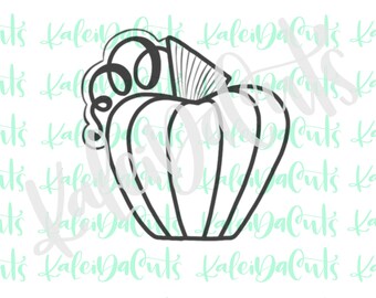 May include: A black and white line art illustration of a pumpkin with a stem and a swirl design on top.