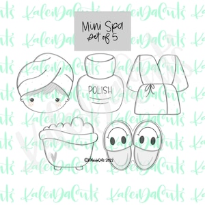 May include: A set of five black and white cookie cutters for a spa theme. The cutters include a person with a towel on their head, a bottle of nail polish, a bathrobe, a tub of bubbles, and a pair of slippers.