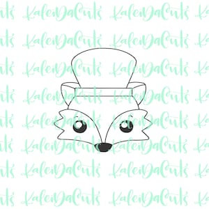 May include: Black and white line art illustration of a fox wearing a hat. The fox has large eyes and a small nose.