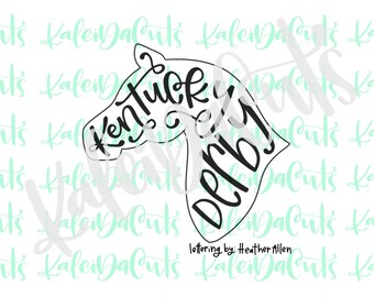 May include: Black and white line art design of a horse's head with the text "Kentucky Derby" inside the outline. The text is in a handwritten style.