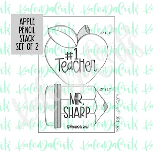 May include: A black and white outline of a cookie cutter set for baking. The set includes an apple with the text "#1 Teacher" and a pencil with the text "Mr. Sharp". The apple is 3.5 inches by 3.8 inches and the pencil is 3.9 inches by 2.1 inches. The set is 4.375 inches by 7 inches.