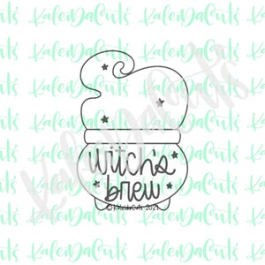 May include: A black and white line art design of a witch's cauldron with steam coming out of the top. The cauldron has the text "Witch's Brew" written on it.