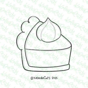 May include: A black and white line drawing of a slice of pie with whipped cream on top. The pie slice has a decorative edge and a flat bottom. The text "@KaleidaCuts 2025" is at the bottom.