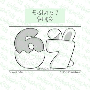 May include: Easter-themed cookie cutters featuring the numbers 6 and 7. The number 6 is designed as an egg, and the number 7 has bunny ears and a tail. The set includes two cutters. The dimensions are 7.25 inches by 4.5 inches.
