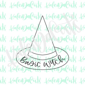 May include: A black and white line drawing of a witch's hat with the text "Basic Witch" written on the brim.