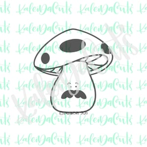 May include: A black and white line art illustration of a mushroom with a smiling face and a mustache. The mushroom has a large cap with white spots and a short stem.